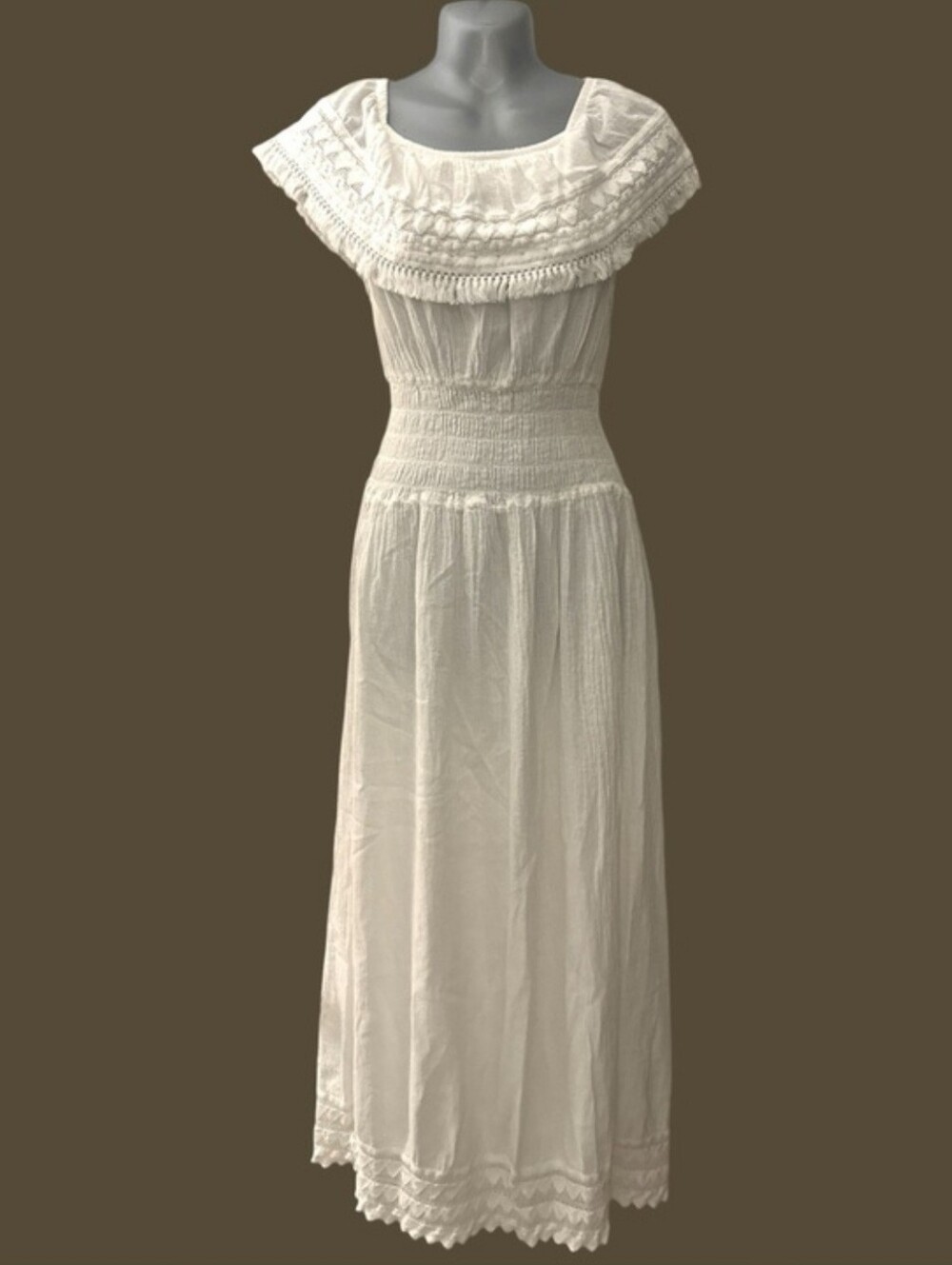 Women's White Maxi Dress with Ruffled Yoke